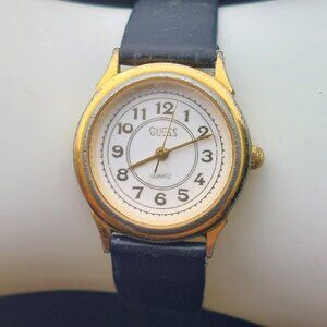 Vintage 1990 Guess Inc. Quartz Watch With Black Leather Strap & Gold-Tone Case